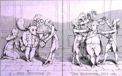 The Minister In - The Minister Out, opublikowany przez Williama Humphreya w 1782 r. (akwaforta) autorstwa James Gillray