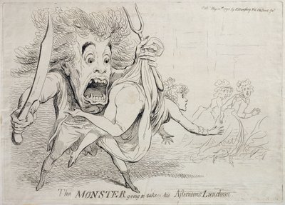 Potwór zamierza zabrać swój popołudniowy obiad, opublikowany przez Hannah Humphrey w 1790 r. autorstwa James Gillray
