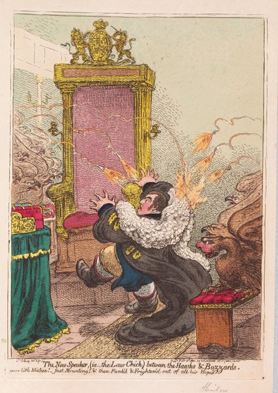 Nowy Mówca (tj. Laska Prawa) między Jastrzębiami a Myszołów, wyd. 1800 (ręcznie kolorowe grawerowanie) autorstwa James Gillray