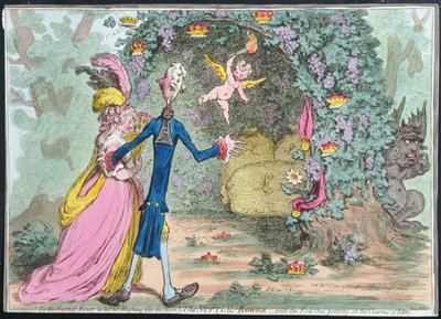 Grządka zaślubin ze złym człowiekiem podglądającym uroki Edenu, wydana przez Hannah Humphrey w 1797 r. (akwaforta ręcznie kolorowana) autorstwa James Gillray
