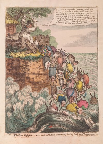 The Pigs Possessed: lub miot z szerokim dnem biegnący na oślep do Morza Zatracenia, pub. 1807 (grawerowanie ręcznie kolorowane) autorstwa James Gillray