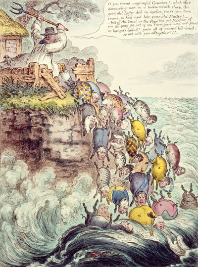Opętane świnie lub miot z szerokim dnem biegnący na oślep do Morza Zatracenia, 1807 autorstwa James Gillray