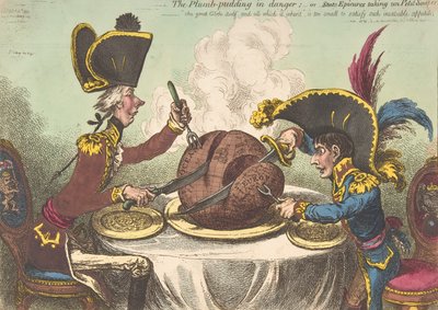 Plumb-Pudding w niebezpieczeństwie, czyli epikureje stanowe Biorąc pod uwagę Petit Souper, luty..., 26 lutego 1805. autorstwa James Gillray