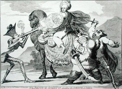 The Political Banditti Assailing the Saviour of India, opublikowana przez W. Hollanda w 1786 r. (akwaforta) autorstwa James Gillray