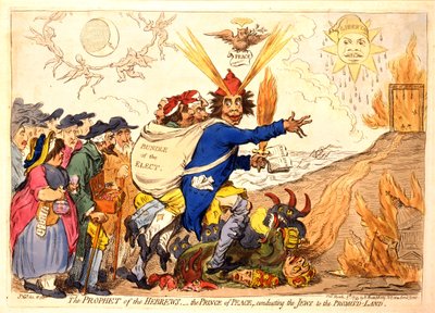 Prorok Hebrajczyków – Książę Pokoju prowadzący Żydów do Ziemi Obiecanej, wyd. Hannah Humphrey, 1795 (ręcznie kolorowane grawerowanie) autorstwa James Gillray