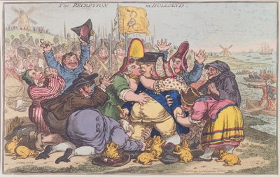 The Reception in Holland, wyd. Hannah Humphrey w 1799 r. (akwaforta ręcznie kolorowana) autorstwa James Gillray