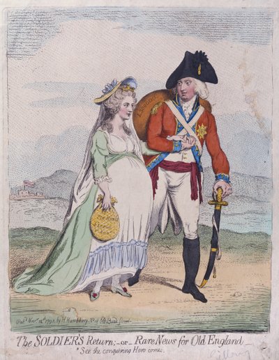 The Soldiers Return, or Rare News for Old England, opublikowane przez Hannah Humphrey w 1791 r. (akwaforta ręcznie kolorowana) autorstwa James Gillray