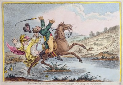The Sound of the Horn, or The Danger of Riding an Old Hunter, wydana przez Hannah Humphrey w 1807 roku (akwaforta ręcznie kolorowana) autorstwa James Gillray