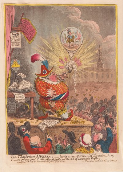 Theatrical Bubble: nowy przykład zdumiewających Mocy wielkiego Polityczno-Punchinello w Art of Dramatic Puffing, wyd. 1805 (grawerowanie ręcznie kolorowane) autorstwa James Gillray