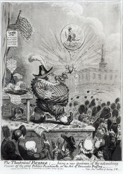 Theatrical Bubble... wyd. Hannah Humphrey (fl.1778-1822) 1805 (akwaforta i akwatinta) autorstwa James Gillray