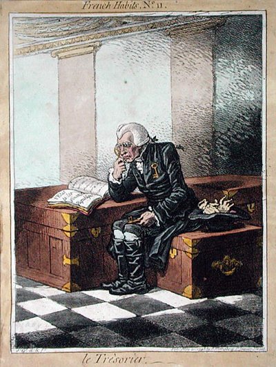 Skarbnik, tablica 11 z „Nawyków francuskich” wydanej przez Hannah Humphrey w 1798 r. (akwaforta kolorowa) autorstwa James Gillray