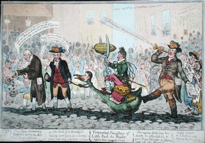 Triumfalna procesja małego Paula Taylora po jego nowej gęsi, opublikowana w 1806 r. (akwaforta ręcznie kolorowana) autorstwa James Gillray
