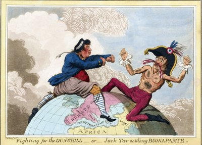 Walka o Dunghills lub Jack Tar (reprezentująca ludzi brytyjskiej marynarki wojennej) przeciwko Napoleonowi Bonaparte (1769-1821). autorstwa James Gillray