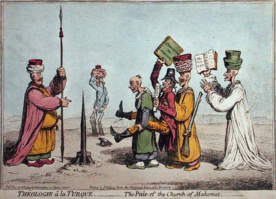 Theologie a la Turque, The Pale of the Church Mahomet, wydana przez Hannah Humphrey w 1799 (akwaforta ręcznie kolorowana) autorstwa James Gillray