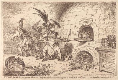 Tiddy-Doll, wielka piekarka pierników, przygotowuje nową partię pierników królewskich autorstwa James Gillray