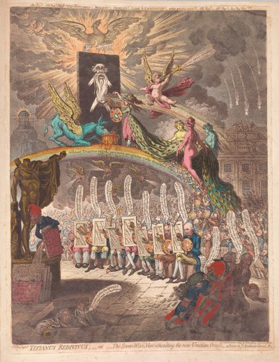 Titianus Redivivus lub Siedmiu Mędrców konsultujących się z nową Wyrocznią Wenecką, scena w Gaju Akademickim nr 1, wyd. 1797 (grawerowanie ręcznie kolorowane) autorstwa James Gillray