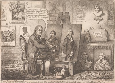 „Dwie pary portretów”; dedykowane wszystkim bezstronnym elektorom Wielkiej Brytanii autorstwa James Gillray