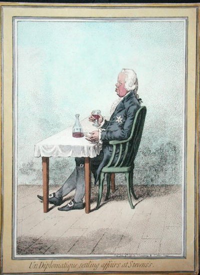 Un Diplomatique Settling Affairs at Stevens” opublikowane przez Hannah Humphrey w 1797 r. (akwaforta ręcznie kolorowana) autorstwa James Gillray