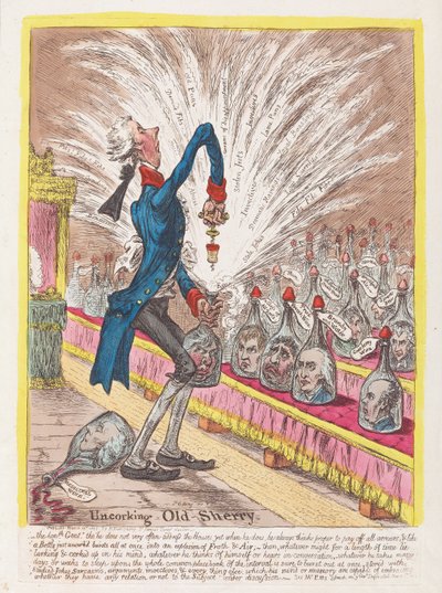Odkorkowanie Old Sherry, wyd. 1805 (grawerowanie ręcznie kolorowane) autorstwa James Gillray
