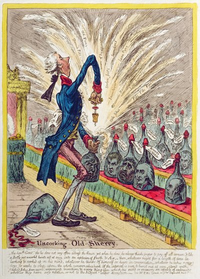 Uncorking Old Sherry, wydana przez Hannah Humphrey w 1805 r. (akwaforta ręcznie kolorowana) autorstwa James Gillray