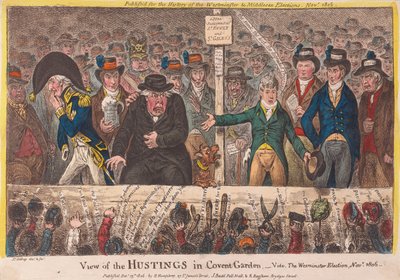 Widok Hustingów w Covent Garden - Wybory Westminsterskie listopad 1806, wyd. 1806 (grawerowanie ręcznie kolorowane) autorstwa James Gillray