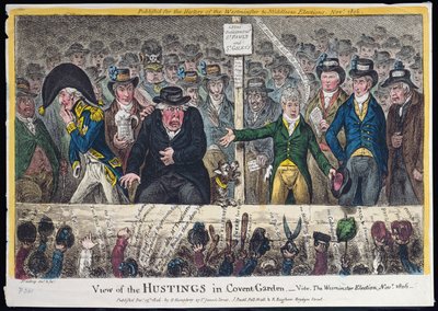 Widok Hustingów w Covent Garden, opublikowany przez Hannah Humphrey w 1806 r. (ręczna akwaforta z akwatintą) autorstwa James Gillray