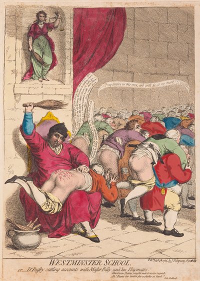 Westminster School lub Dr Busby rozliczający się z Mistrzem Billym i jego towarzyszami zabaw, pub. 1785 (grawerowanie ręcznie kolorowane) autorstwa James Gillray