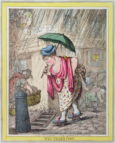 Wet Under Foot, wydana przez Hannah Humphrey w 1812 r. (akwaforta ręcznie kolorowana) autorstwa James Gillray