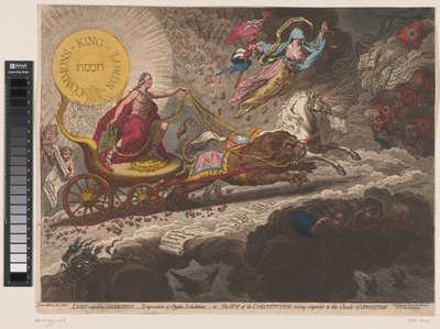 William Pitt verdrijft de duistere krachten, 1795 Światło Wypędzające ciemność, - parowanie stygijskich wydechów, -lub- Słońce konstytucji, wznoszące się ponad chmury opozycji (tytuł na obiekcie) autorstwa James Gillray