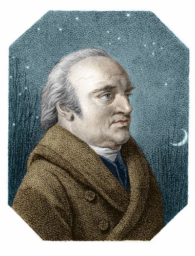 Portret Williama Herschela (1738 - 1822) na tle gwiaździstego nieba - z miedziorytu Jamesa Godby