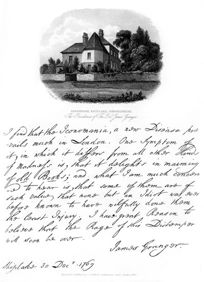 List od wielebnego Jamesa Grangera i widok jego rezydencji w Shiplake, 1769, 1840 autorstwa James Granger