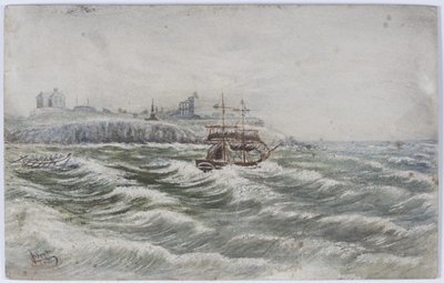 Wyrzucenie na brzeg statku Beloy of Littlehampton i utrata załogi łodzi ratunkowej na rzece Tyne (akwarela, akwarela i wydrapywanie na papierze) autorstwa James Henry Cleet