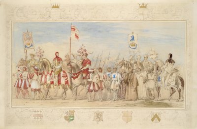 William Earl of Craven, Rycerz Gryfa i Henry de la Poer Beresford, markiz Waterford, Rycerz Smoka, 1839 (ołówek, toaleta, gwasz i złota farba na papierze) (patrz także 366230) autorstwa James Henry Nixon
