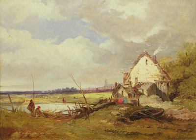 Wędkarze przy domku nad brzegiem rzeki autorstwa James Holland