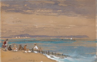 Plażowa scena z postaciami przy falochronie autorstwa James Holland