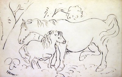 Klacz i jej źrebię (atrament w kolorze sepii na papierze) autorstwa James Howe