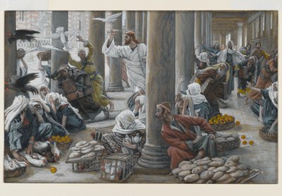 Chrystus wypędza tych, którzy sprzedali i kupili ze świątyni, ilustracja do Życia Chrystusa, ok. 1884-96 (toaleta i gwasz na tekturze) autorstwa James Jacques Joseph Tissot