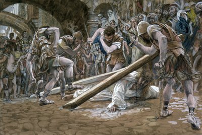 Chrystus upada pod krzyżem, ilustracja do życia Chrystusa, ok. 1884-96 (toaleta i gwasz na tekturze) autorstwa James Jacques Joseph Tissot