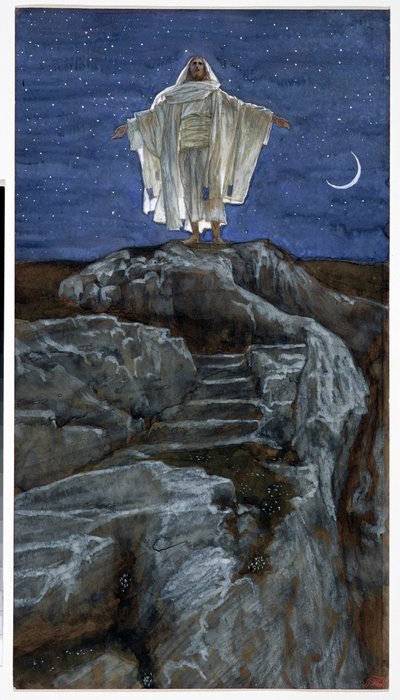Chrystus wychodzący samotnie na górę, aby się modlić, ilustracja do życia Chrystusa, ok. 1886-94 (toaleta i gwasz na tekturze) autorstwa James Jacques Joseph Tissot