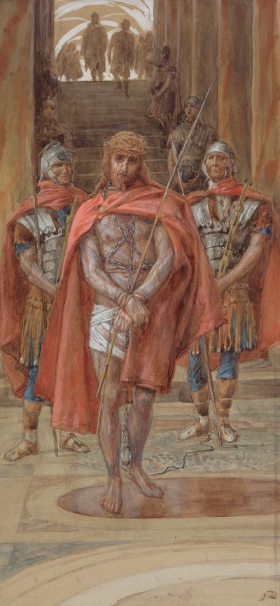 Chrystus opuszcza salę sądu, ilustracja do Życia Chrystusa, ok. 1886-94 (toaleta i gwasz na tekturze) autorstwa James Jacques Joseph Tissot