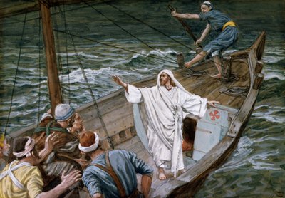Chrystus ucisza burzę, ilustracja do Życia Chrystusa, ok. 1886-94 (toaleta i gwasz na tekturze) autorstwa James Jacques Joseph Tissot