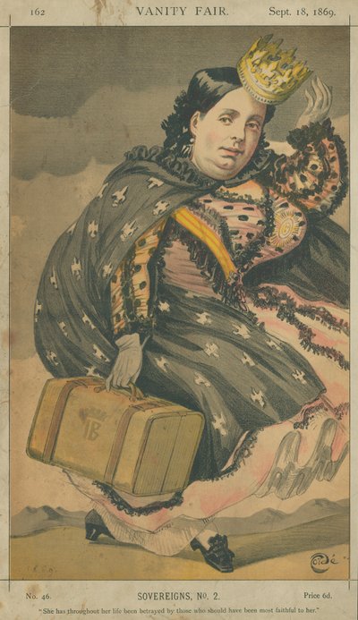 Izabela II, królowa Hiszpanii, przez całe życie zdradzona przez tych, którzy powinni być jej najwierniejsi, 18 września 1869, komiks Vanity Fair autorstwa James Jacques Joseph Tissot