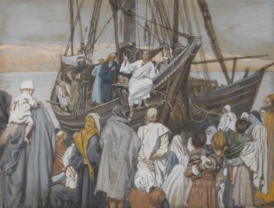Jezus przemawia na statku, ilustracja z Życia naszego Pana Jezusa Chrystusa (wc nad grafitem na papierze) autorstwa James Jacques Joseph Tissot