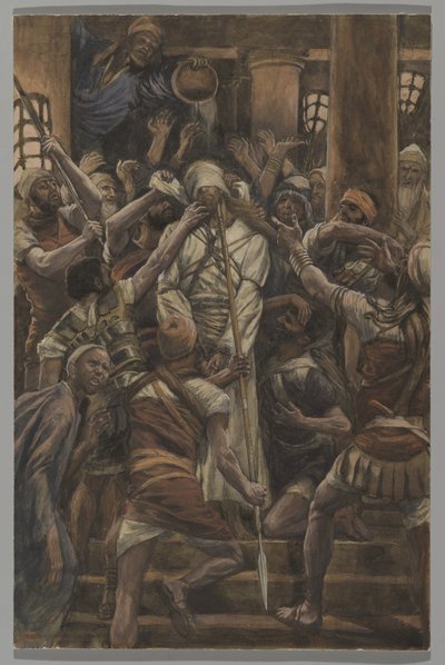 Maltretowania w Domu Kajfasza, ilustracja z Życia Pana naszego Jezusa Chrystusa, 1886-94 (wc nad grafitem na papierze) autorstwa James Jacques Joseph Tissot