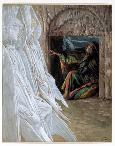 Maria Magdalena przesłuchuje aniołów w grobie, ilustracja do Życia Chrystusa, ok. 1886-94 (toaleta i gwasz na tekturze) autorstwa James Jacques Joseph Tissot