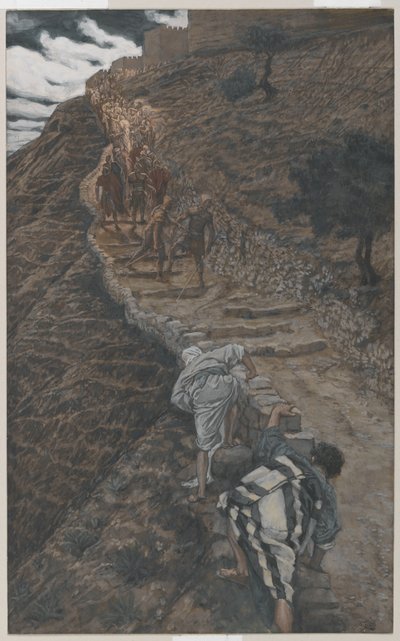 Św. Piotr i św. Jan idą z daleka, ilustracja z Życia Pana naszego Jezusa Chrystusa, 1886-94 (wc nad grafitem na papierze) autorstwa James Jacques Joseph Tissot