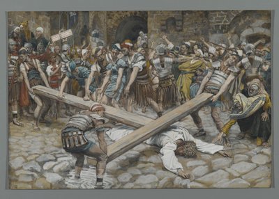 Szymon Cyrenejczyk zmuszony do niesienia krzyża z Jezusem, ilustracja z Życia naszego Pana Jezusa Chrystusa, 1886-94 (wc nad grafitem na papierze) autorstwa James Jacques Joseph Tissot
