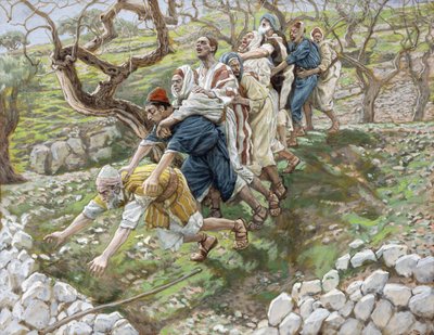 Ślepy prowadzący ślepych, ilustracja do Życia Chrystusa, ok. 1886-94 (toaleta i gwasz na tekturze) autorstwa James Jacques Joseph Tissot