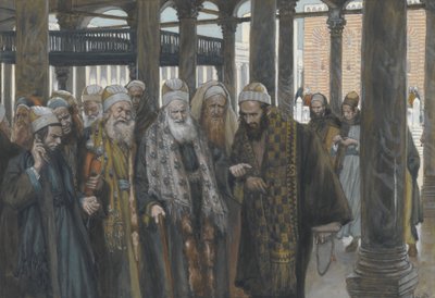 Arcykapłani wspólnie radują się, ilustracja z Życia naszego Pana Jezusa Chrystusa, 1886-94 (wc nad grafitem na papierze) autorstwa James Jacques Joseph Tissot