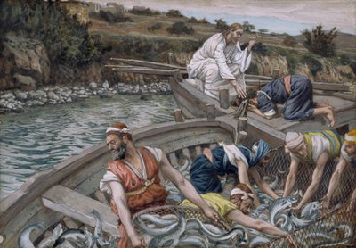 Pierwszy Cudowny Wyciąg Ryby, ilustracja do Życia Chrystusa, ok. 1886-94 (wc i gwasz na tekturze) autorstwa James Jacques Joseph Tissot